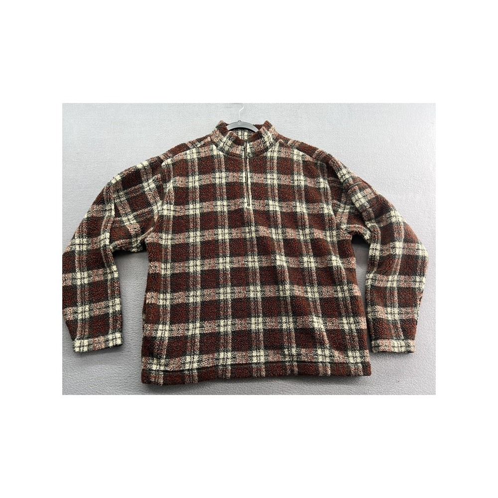 VTG Banana Republic Pullover Mens Large Plaid Sherpa Fleece Quarter Zip Burgundy